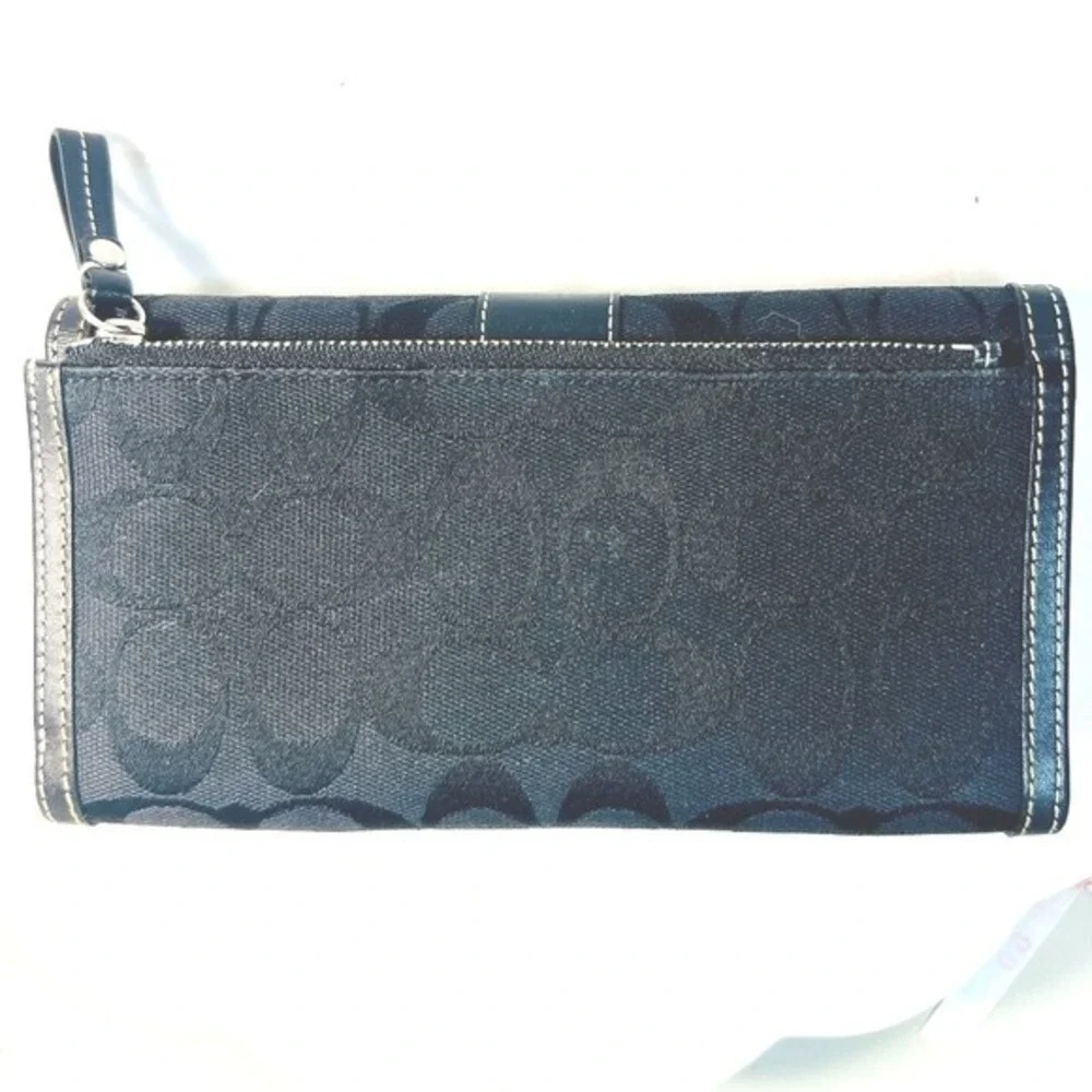 Coach Wallet Purse Check Book Credit Cards ID Black Signature Jacquard Leather‎